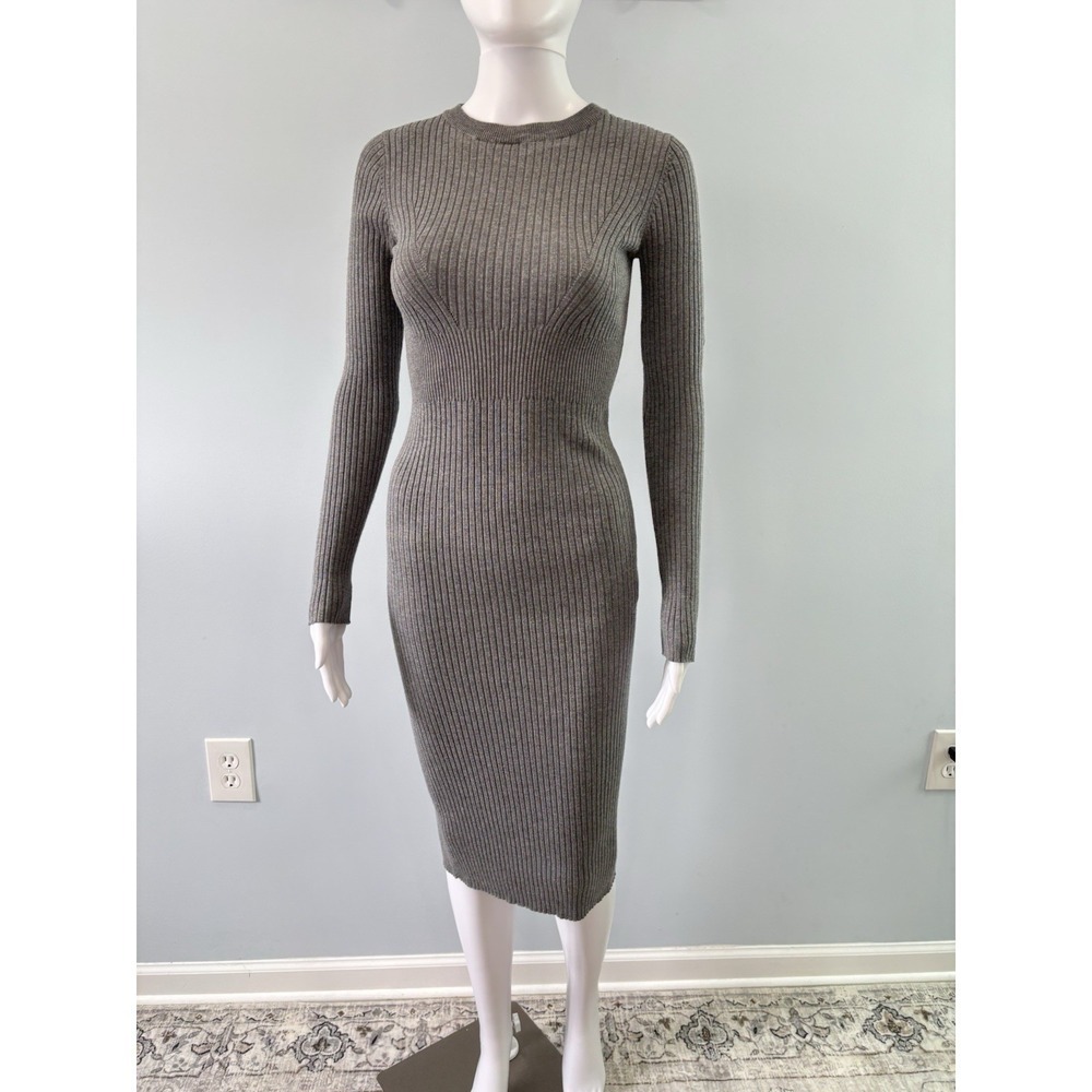 Bershka Ribbed Knit Midi Dress XS Gray Long Sleeve Bodycon Fitted - Picture 2 of 7